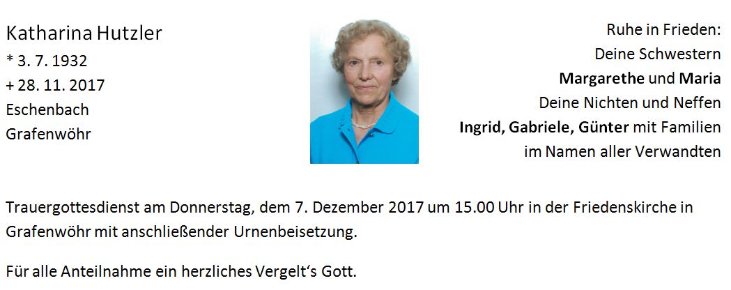 Traueranzeige Katharina Hutzler, Eschenbach