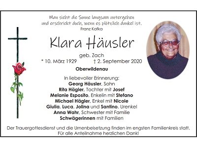 Traueranzeige Klara Häusler, Oberwildenau