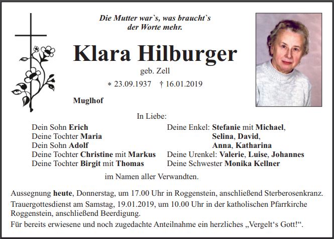Traueranzeige Klara Hilburger, Muglhof