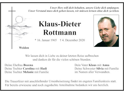 Traueranzeige Klaus-Dieter Rottmann, Weiden