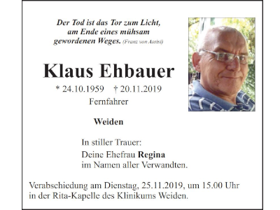 Traueranzeige Klaus Ehbauer, Weiden
