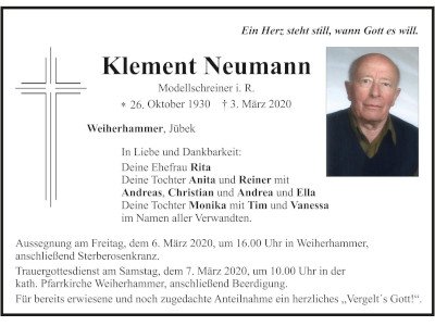 Traueranzeige Klement Neumann, Weiherhammer