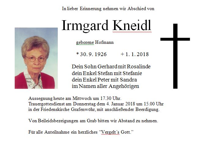 Traueranzeige Irmgard Kneidl, Grafenwöhr