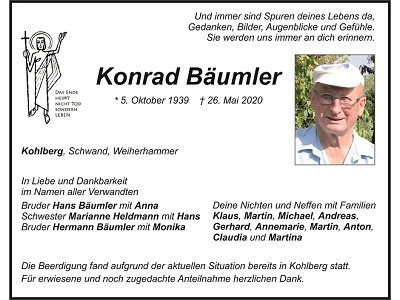 Traueranzeige Konrad Bäumler, Kohlberg