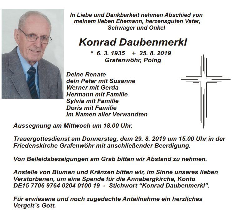 Traueranzeige Konrad Daubenmerkl, Grafenwöhr
