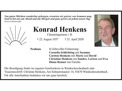 Traueranzeige Konrad Henkens, Neuhaus