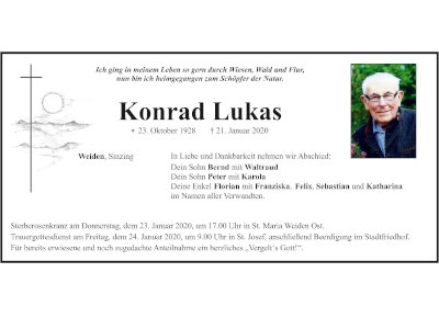 Traueranzeige Konrad Lukas, Weiden
