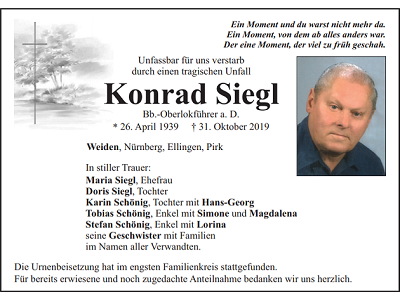 Traueranzeige Konrad Siegl, Weiden