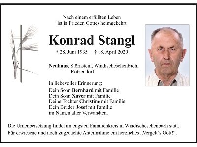 Traueranzeige Konrad Stangl, Neuhaus
