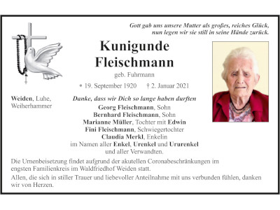 Traueranzeige Kunigunde Fleischmann, Weiden