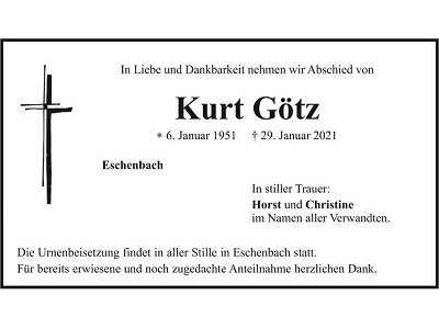 Traueranzeige Kurt Götz, Eschenbach