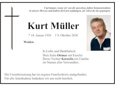Traueranzeige Kurt Müller, Weiden