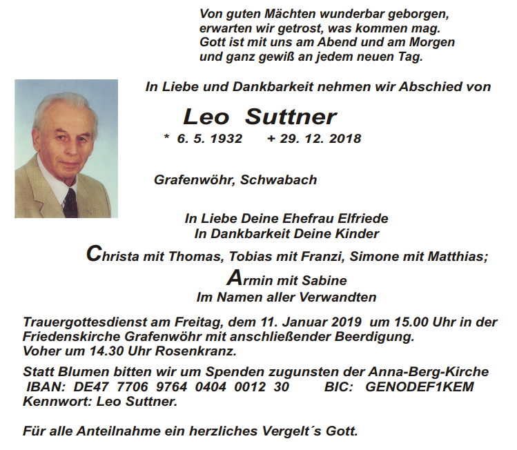 Traueranzeige Leo Suttner, Grafenwöhr