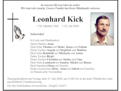 Traueranzeige Leonhard Kick, Seibertshof