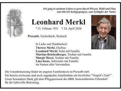 Traueranzeige Leonhard Merkl, Pressath