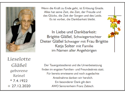 Traueranzeige Lieselotte Gläßel
