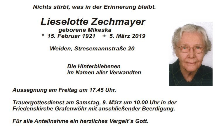 Traueranzeige Lieselotte Zechmayer, Weiden
