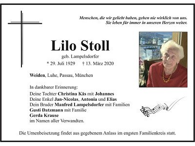 Traueranzeige Lilo Stoll, Weiden