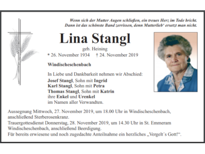 Traueranzeige Lina Stangl, Windischeschenbach