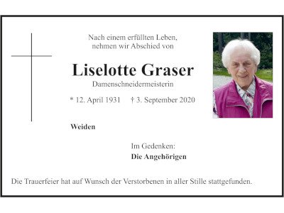 Traueranzeige Liselotte Graser, Weiden