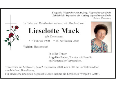 Traueranzeige Liselotte Mack, Weiden
