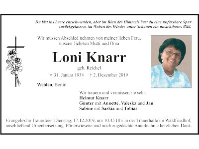 Traueranzeige Loni Knarr, Weiden