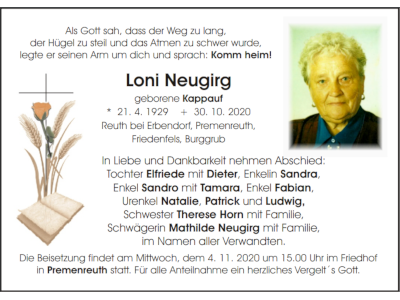 Traueranzeige Loni Neugirg, Reuth bei Erbendorf