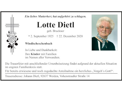 Traueranzeige Lotte Dietl, Windischeschenbach