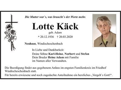 Traueranzeige Lotte Käck, Neuhaus
