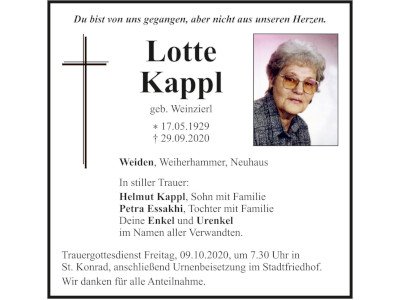 Traueranzeige Lotte Kappl, Weiden