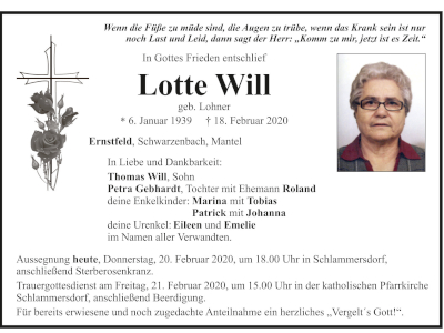 Traueranzeige Lotte Will, Ernstfeld