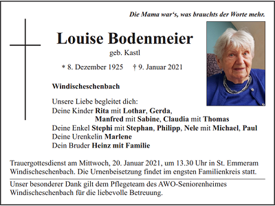 Traueranzeige Louise Bodenmeier, Windischeschenbach