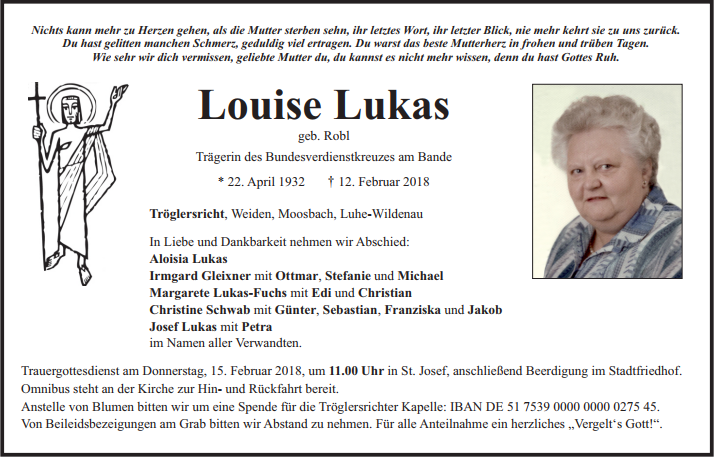 Traueranzeige Louise Lukas, Tröglersricht
