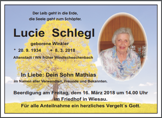 Traueranzeige Lucie Schlegl, Altenstadt/WN