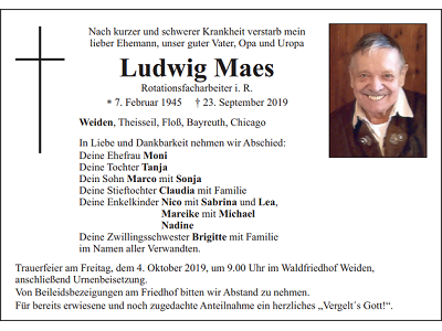 Traueranzeige Ludwig Maes, Weiden
