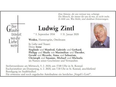 Traueranzeige Ludwig Zintl, Weiden