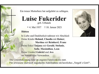 Traueranzeige Luise Fukerider, Hütten