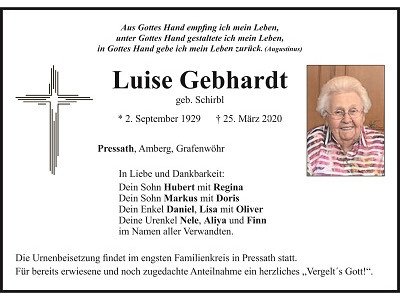 Traueranzeige Luise Gebhardt, Pressath