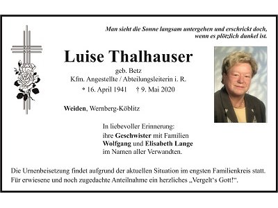 Traueranzeige Luise Thalhauser, Weiden