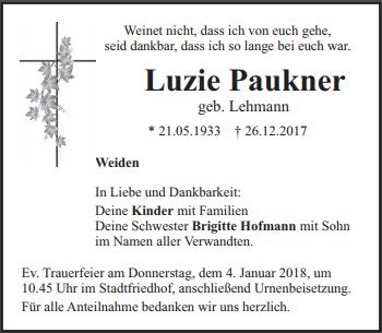 Traueranzeige Luzie Paukner, Weiden