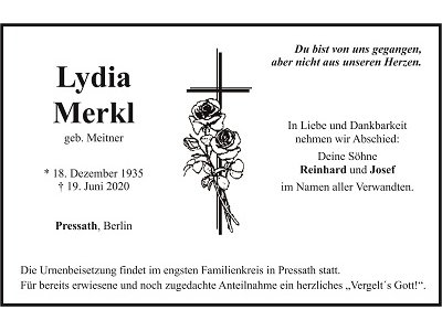 Traueranzeige Lydia Merkl, Pressath