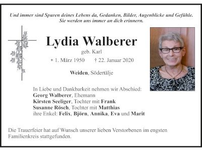 Traueranzeige Lydia Walberer, Weiden