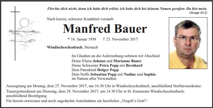 Traueranzeige Manfred Bauer, Windischeschenbach