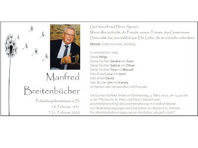 Traueranzeige Manfred Breitenbücher, Mantel