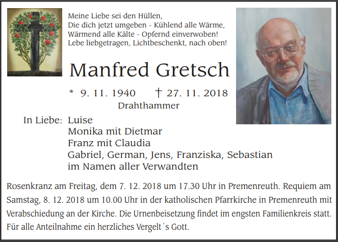 Traueranzeige Manfred Gretsch, Drahthammer