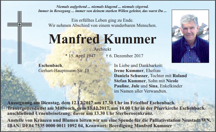 Traueranzeige Manfred Kummer, Eschenbach