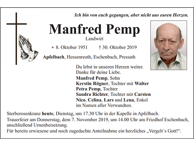Traueranzeige Manfred Pemp, Apfelbach