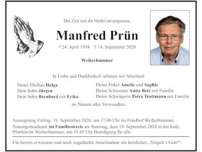 Traueranzeige Manfred Prün, Weiherhammer