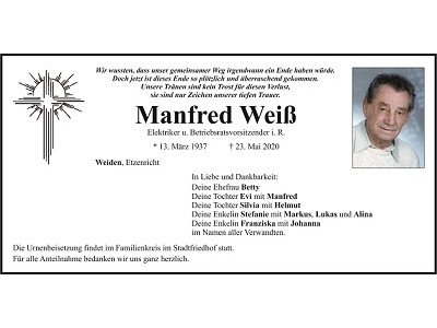 Traueranzeige Manfred Weiß, Weiden