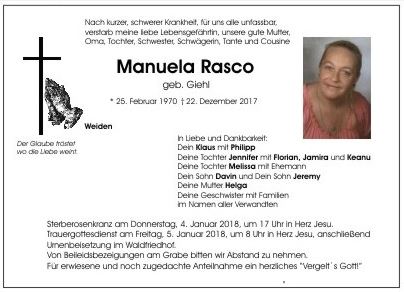 Traueranzeige Manuela Rasco, Weiden